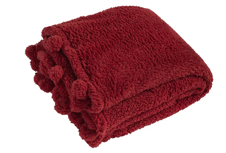 Walton & Co 180cm Sherpa Fluffy Fleece Pom-pom Throw Red