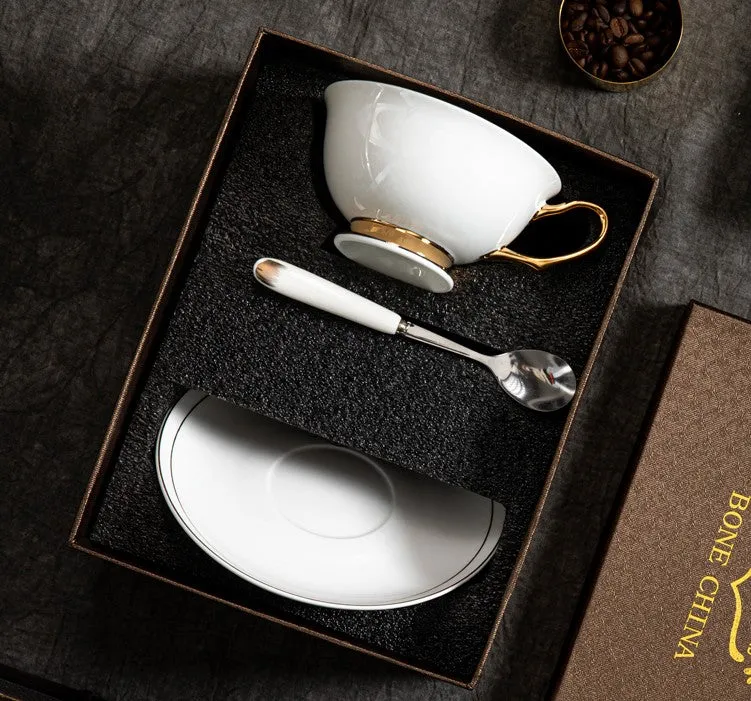 White Ceramic Cups, Elegant British Ceramic Coffee Cups, Bone China Porcelain Tea Cup Set, Unique Tea Cup and Saucer in Gift Box