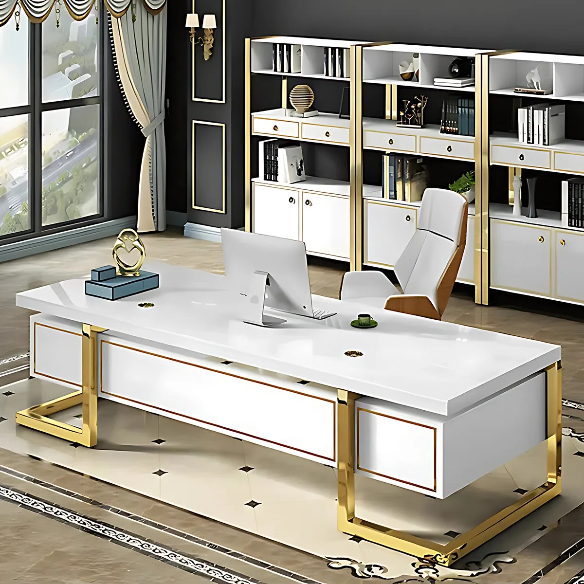 White Lacquered Executive Desk Office Desk