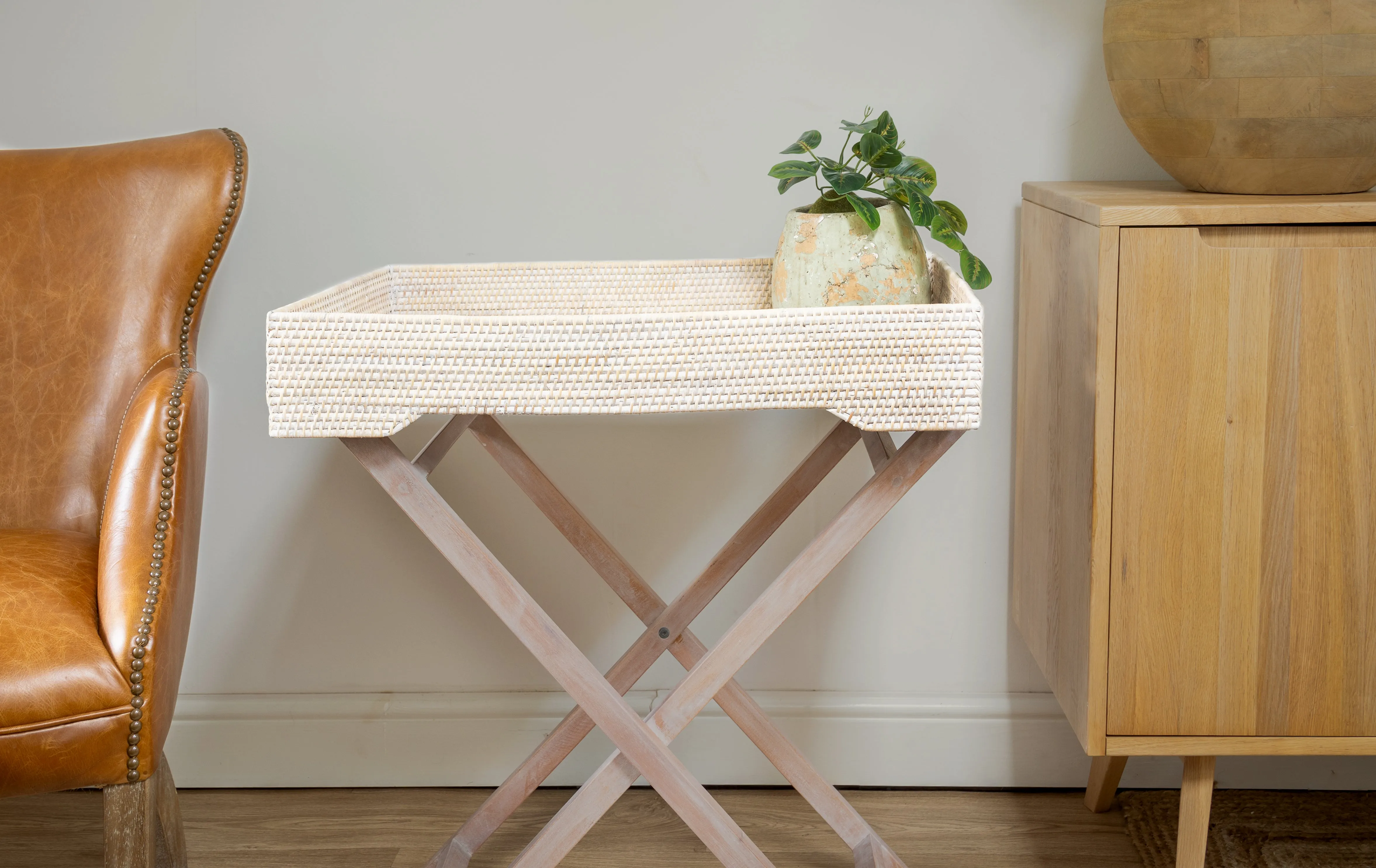 White Wash Rattan Butlers Tray Side Table