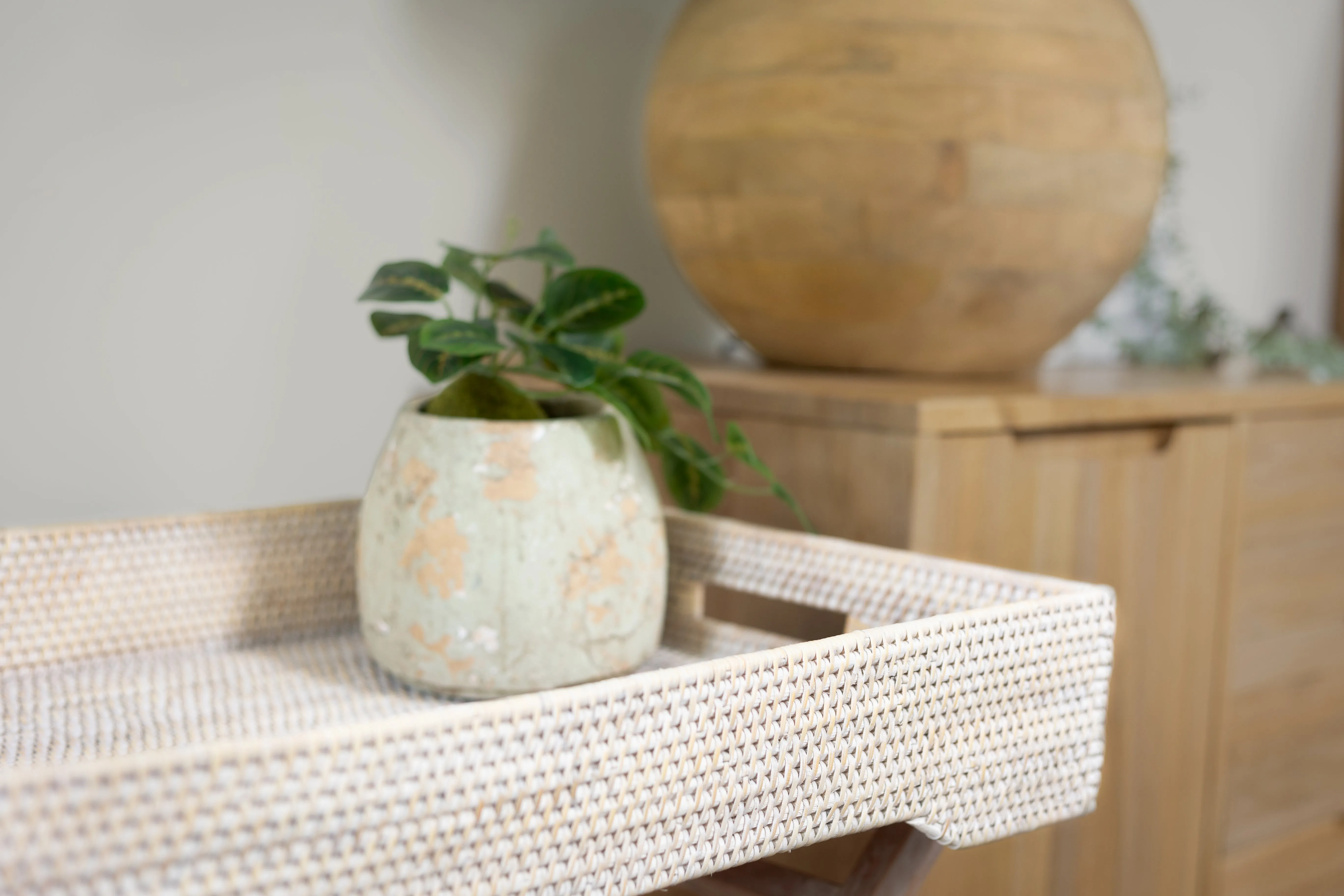 White Wash Rattan Butlers Tray Side Table