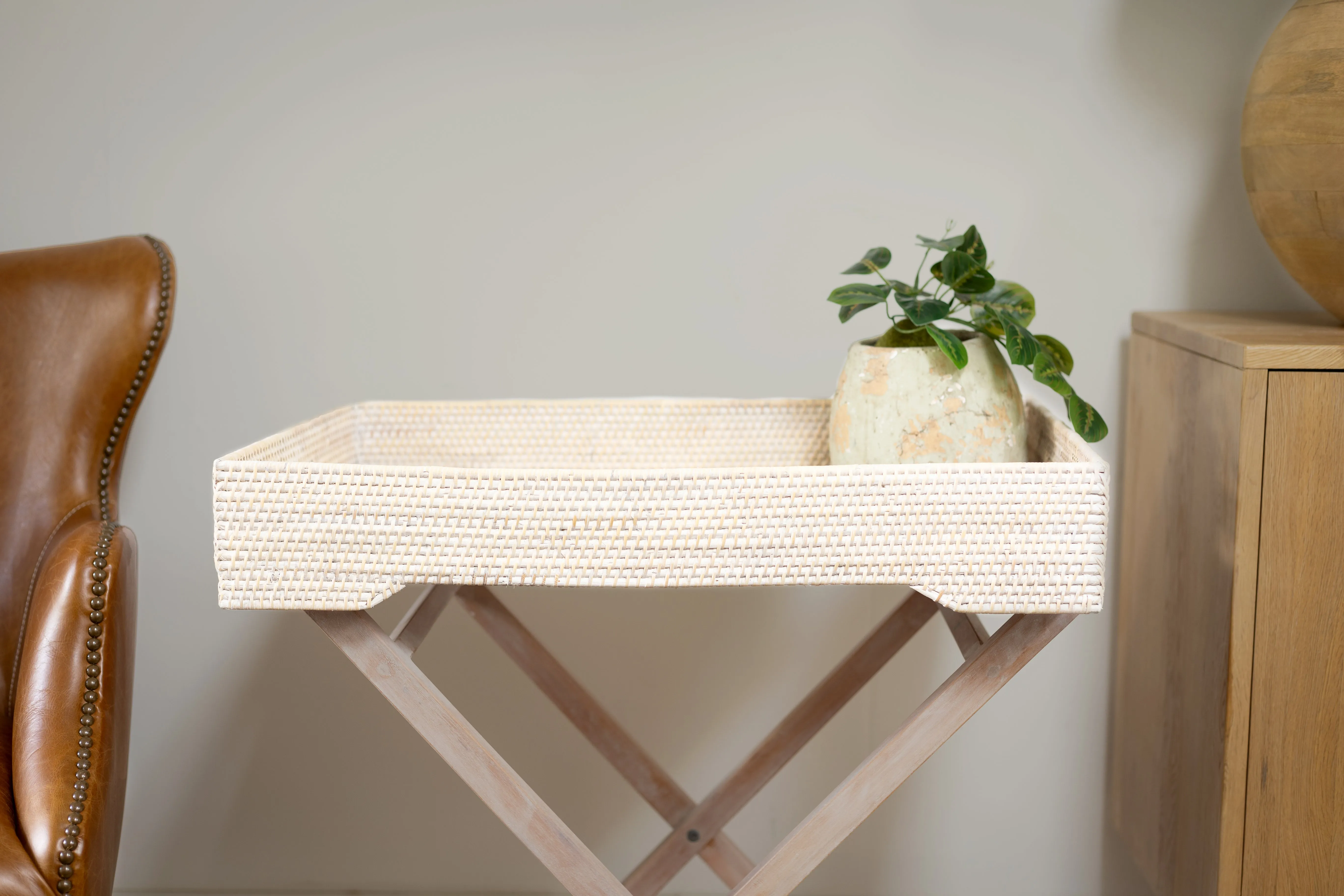 White Wash Rattan Butlers Tray Side Table