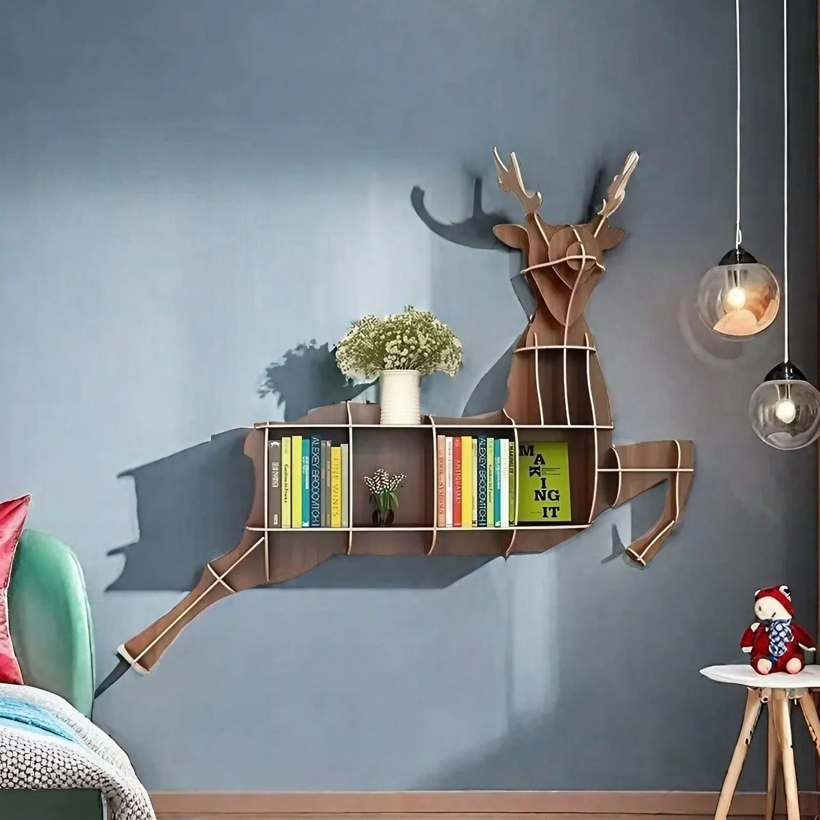 Wooden Bookshelves Elk Wall Animal Shape Bookshelf Kids Bookcases Storage Rack