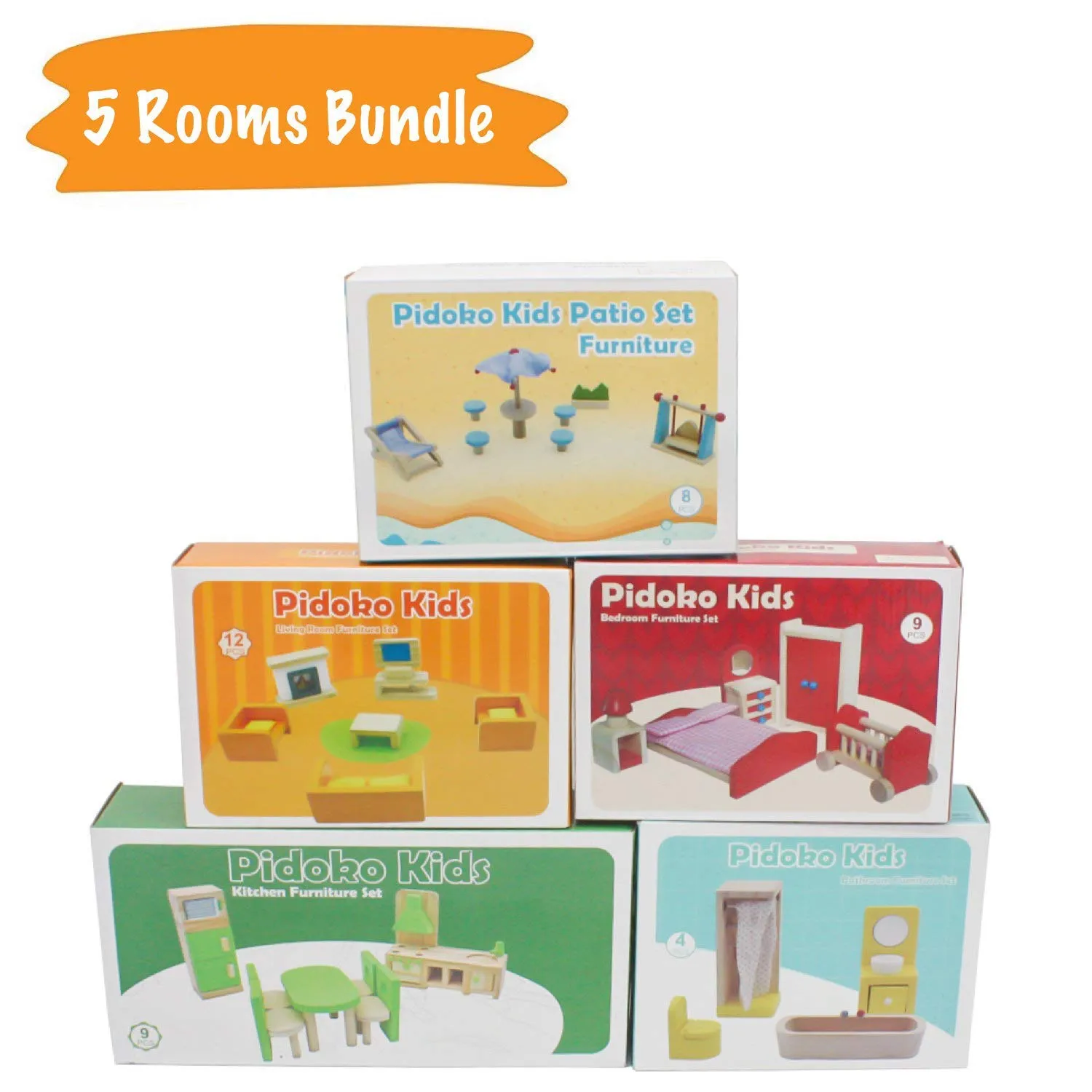 Wooden Dollhouse Furniture Set (42 Pcs) - 5 Rooms Fully Furnished Bundle